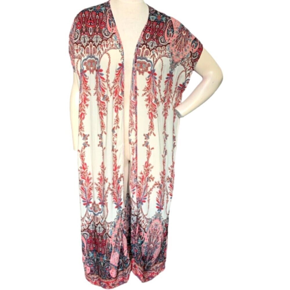 SB/Suzanne Betro BOHO Paisley Longline Vest‎ Cover-up Kimono Sz M #129E
